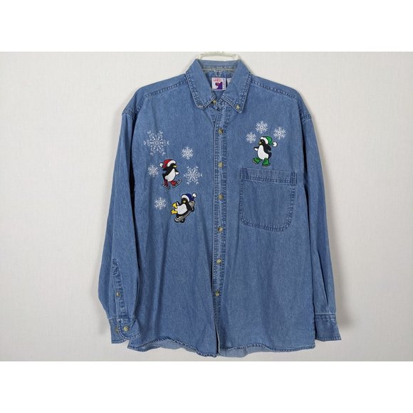 Vintage Graphic Sports Christmas Penquins womens button‎ down denim blouse S - Picture 1 of 10